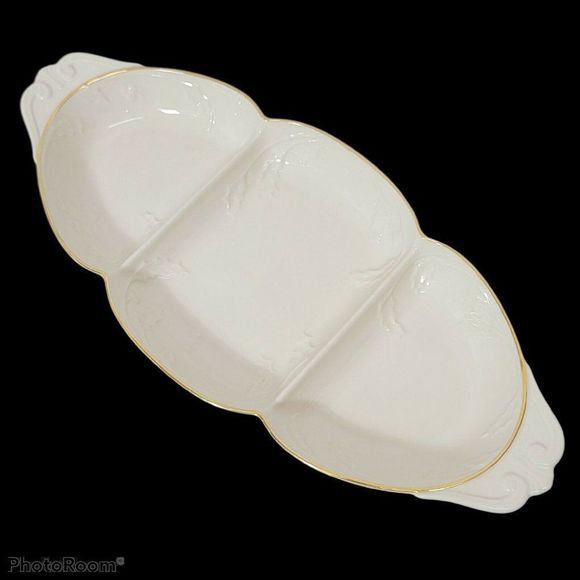 Lenox Off White Ceramic Holiday Heirloom 3 Part Relish Server Tray China Platter - Picture 4 of 11
